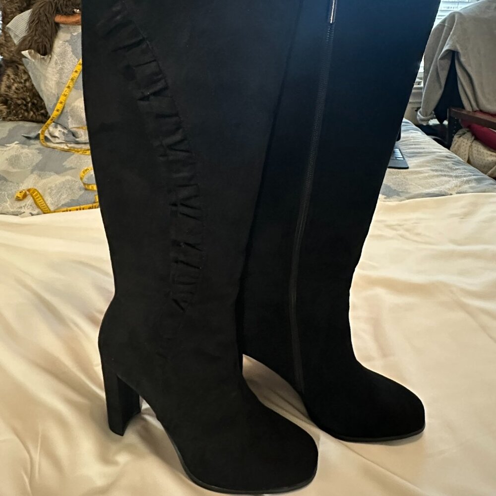 IMPO Black Knee High Boots | Block Heel | Ruffle Detail | Size 8
